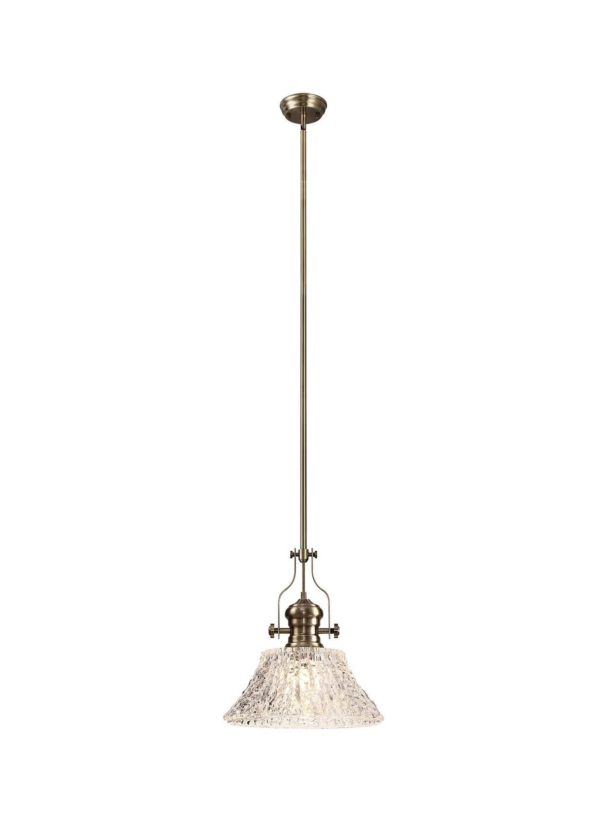 Munro Multi Height Pendant With 38cm Patterned Round Shade, 1 x E27, Antique Brass/Clear Glass