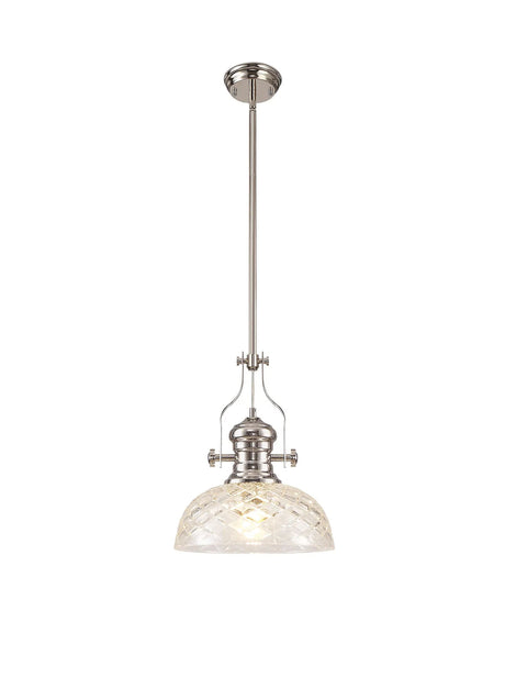 Munro Multi Height Pendant With 30cm Flat Round Patterned Shade, 1 x E27, Polished Nickel/Clear Glass