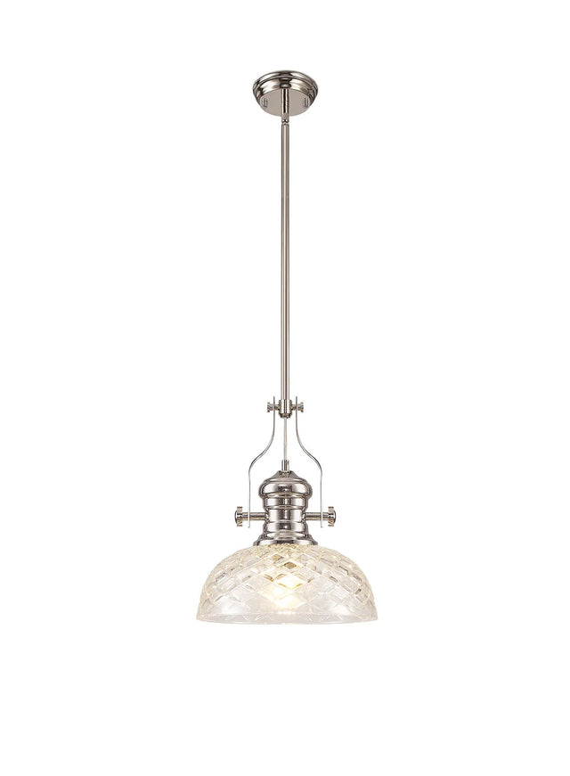 Munro Multi Height Pendant With 30cm Flat Round Patterned Shade, 1 x E27, Polished Nickel/Clear Glass