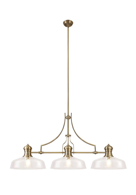 Munro Linear Multi Height Pendant With 38cm Flat Round Shade, 3 x E27, Antique Brass/Clear Glass