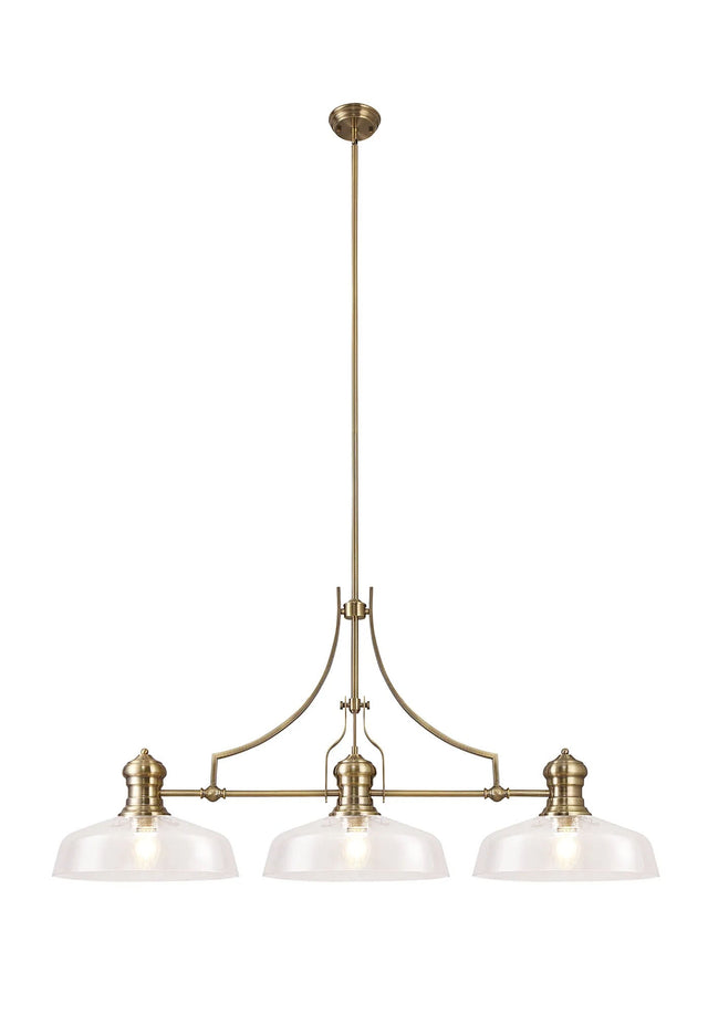 Munro Linear Multi Height Pendant With 38cm Flat Round Shade, 3 x E27, Antique Brass/Clear Glass