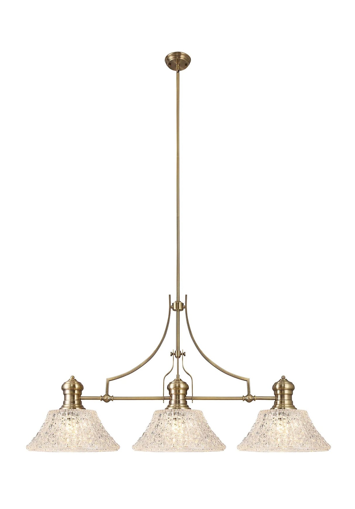 Munro Linear Multi Height Pendant With 38cm Patterned Round Shade, 3 x E27, Antique Brass/Clear Glass (19.1kg)