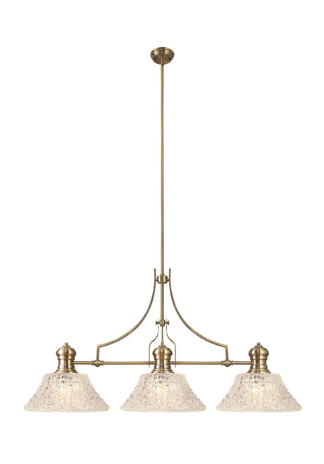 Munro Linear Multi Height Pendant With 38cm Patterned Round Shade, 3 x E27, Antique Brass/Clear Glass (19.1kg)
