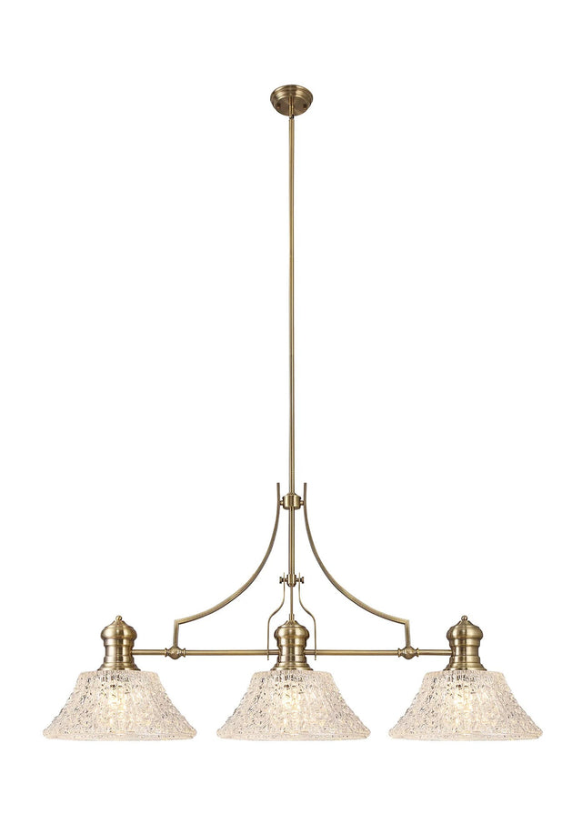 Munro Linear Multi Height Pendant With 38cm Patterned Round Shade, 3 x E27, Antique Brass/Clear Glass (19.1kg)