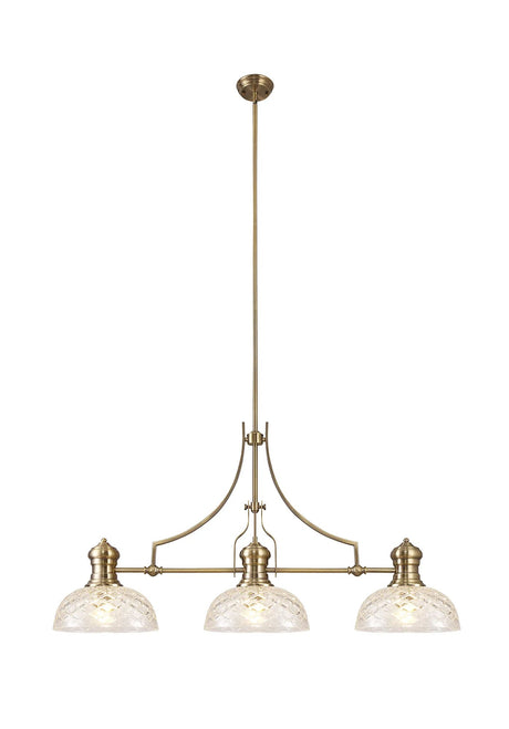 Munro Linear Multi Height Pendant With 30cm Flat Round Patterned Shade, 3 x E27, Antique Brass/Clear Glass