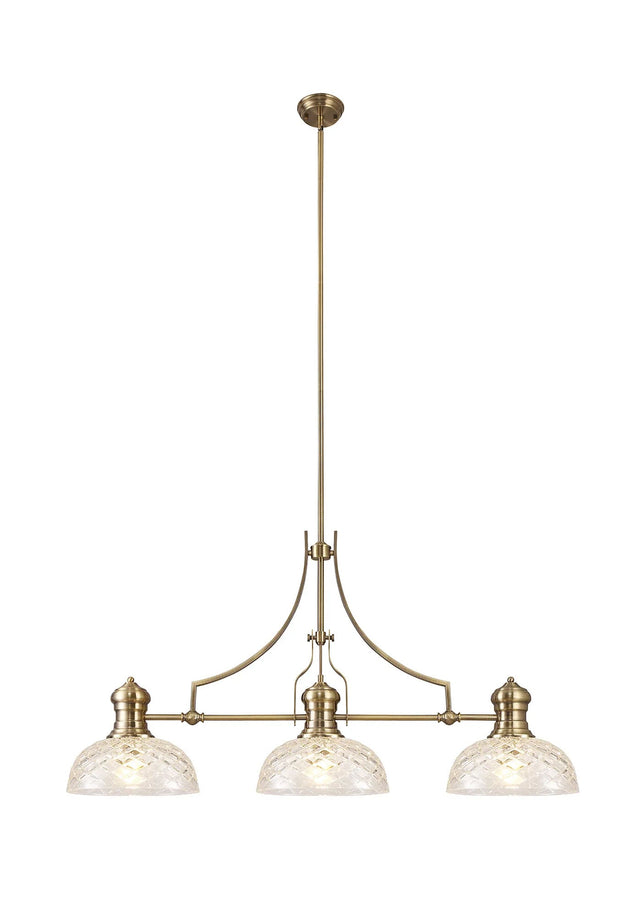 Munro Linear Multi Height Pendant With 30cm Flat Round Patterned Shade, 3 x E27, Antique Brass/Clear Glass