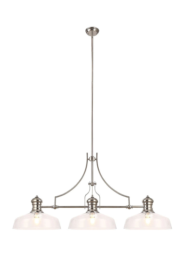 Munro Linear Multi Height Pendant With 38cm Flat Round Shade, 3 x E27, Polished Nickel/Clear Glass