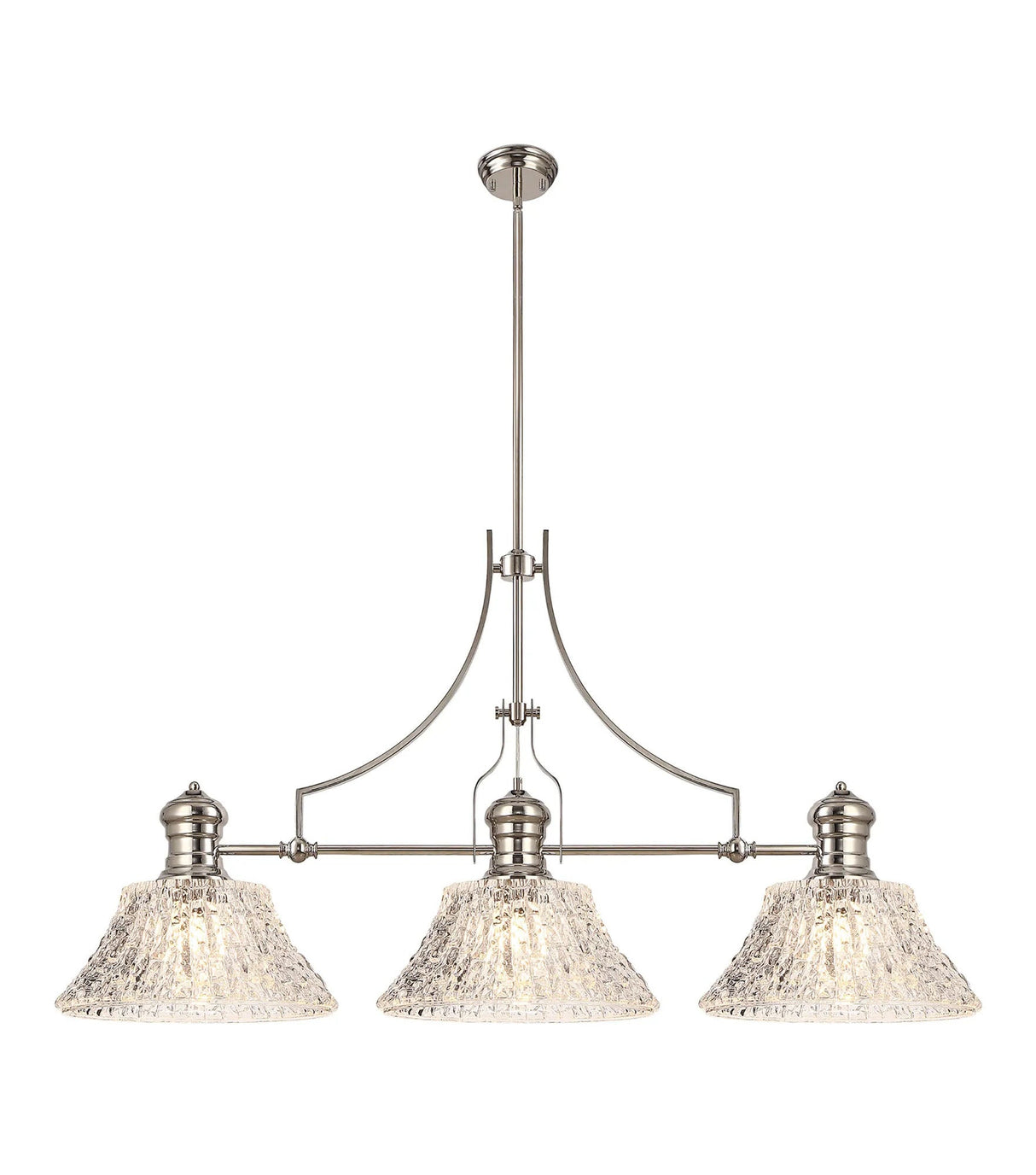 Munro Linear Multi Height Pendant With 38cm Patterned Round Shade, 3 x E27, Polished Nickel/Clear Glass (19.1kg)