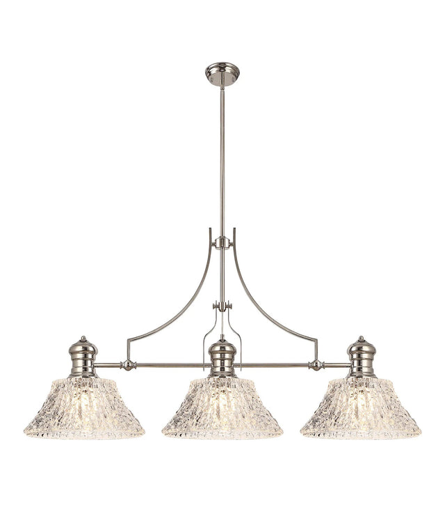 Munro Linear Multi Height Pendant With 38cm Patterned Round Shade, 3 x E27, Polished Nickel/Clear Glass (19.1kg)