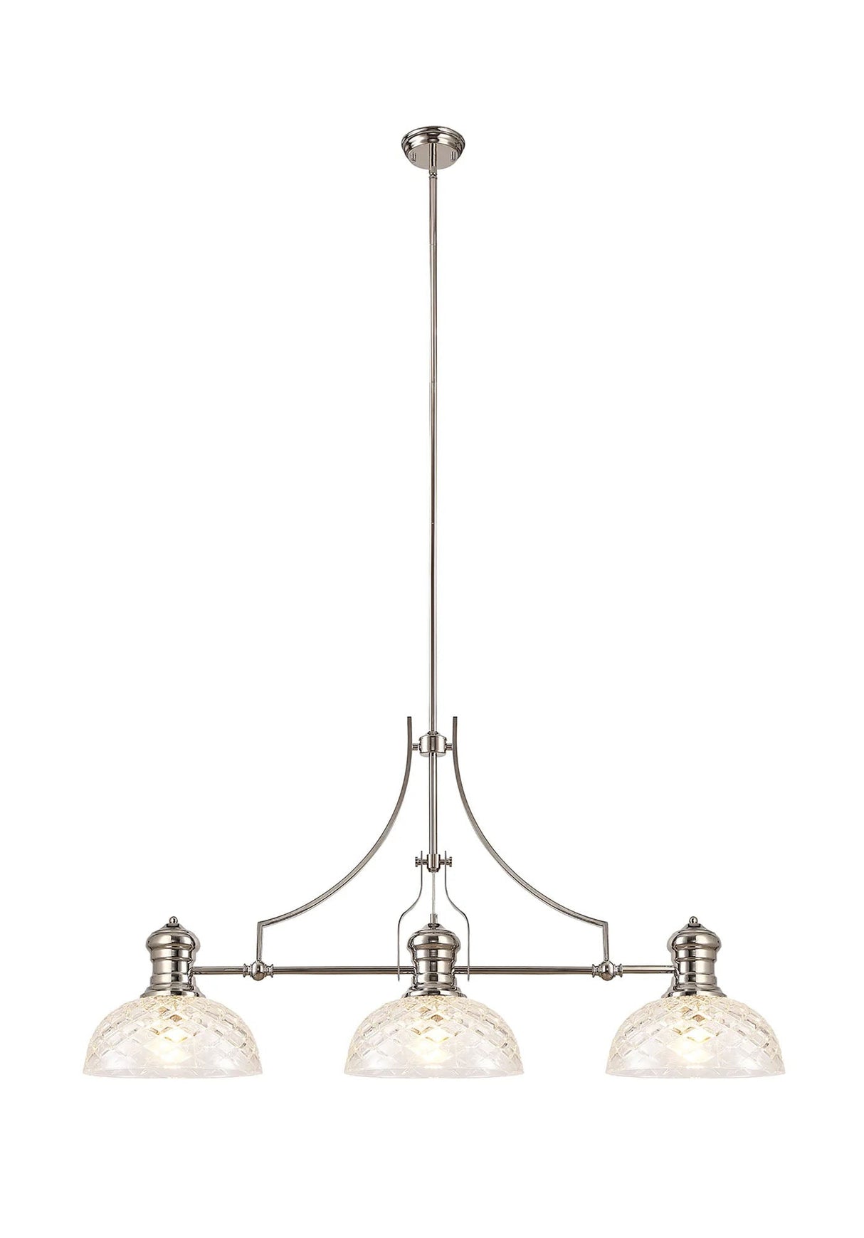 Munro Linear Multi Height Pendant With 30cm Flat Round Patterned Shade, 3 x E27, Polished Nickel/Clear Glass
