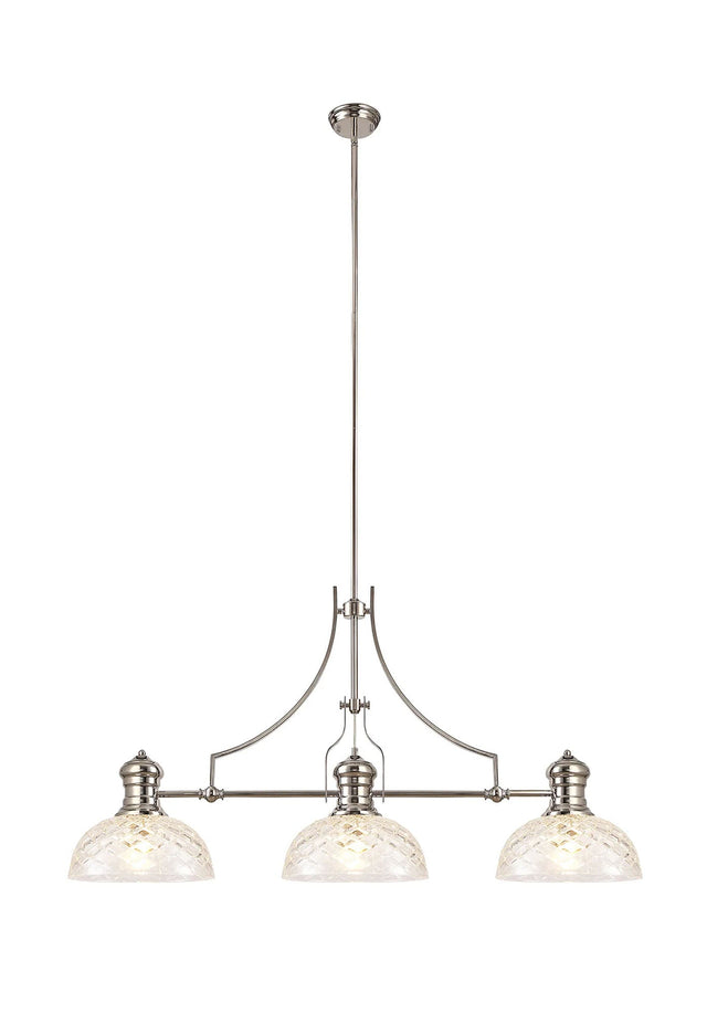 Munro Linear Multi Height Pendant With 30cm Flat Round Patterned Shade, 3 x E27, Polished Nickel/Clear Glass