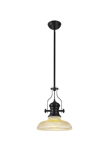 Munro 1 Light Multi Height Pendant E27 With 30cm Round Glass Shade, Matt Black/Amber