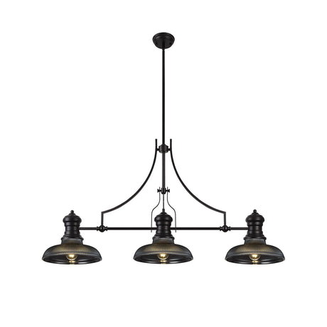 Munro 3 Light Linear Multi Height Pendant E27 With 30cm Round Glass Shade, Matt Black, Smoked