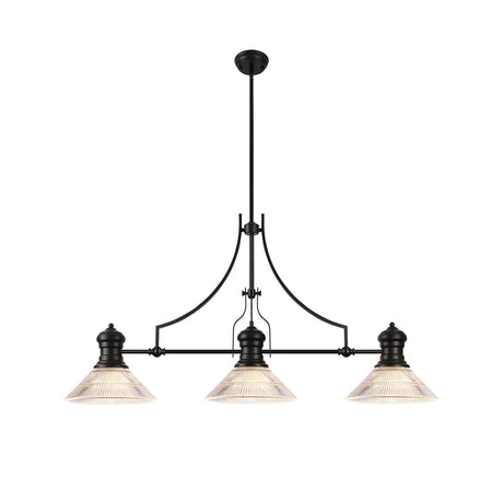 Munro 3 Light Linear Multi Height Pendant E27 With 30cm Cone Glass Shade, Matt Black, Clear