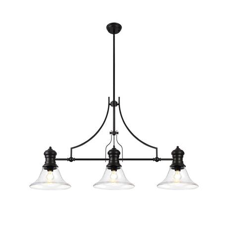 Munro 3 Light Linear Multi Height Pendant E27 With 30cm Smooth Bell Glass Shade, Matt Black, Clear