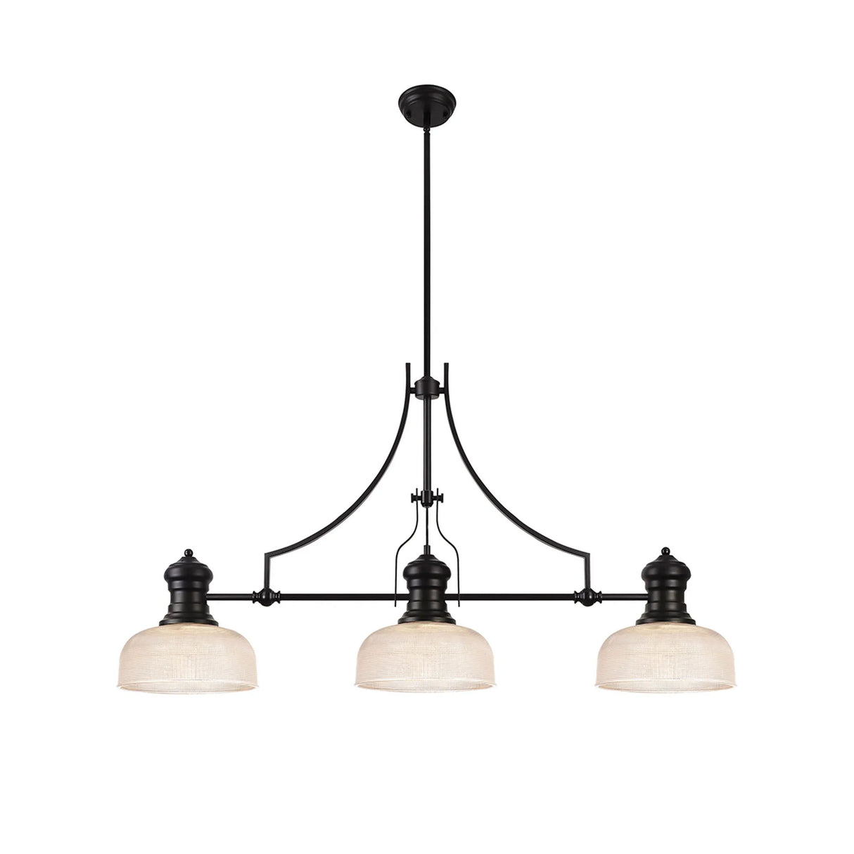 Munro 3 Light Linear Multi Height Pendant E27 With 26.5cm Prismatic Glass Shade, Matt Black, Clear
