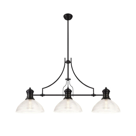 Munro 3 Light Linear Multi Height Pendant E27 With 33.5cm Prismatic Glass Shade, Matt Black, Clear