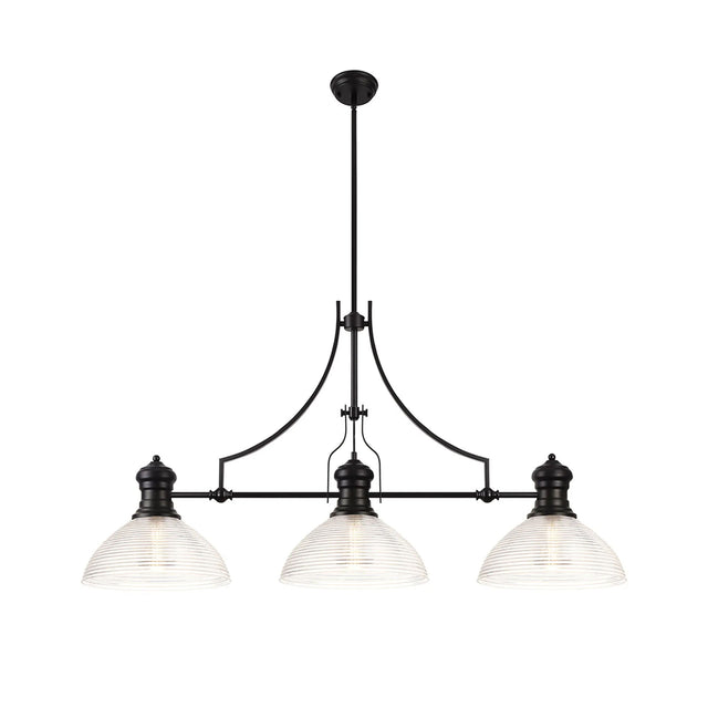 Munro 3 Light Linear Multi Height Pendant E27 With 33.5cm Prismatic Glass Shade, Matt Black, Clear