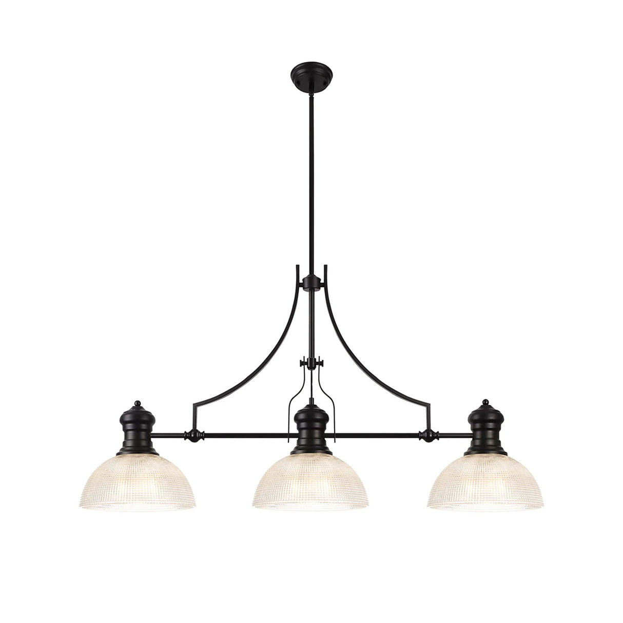 Munro 3 Light Linear Multi Height Pendant E27 With 30cm Prismatic Glass Shade, Matt Black, Clear