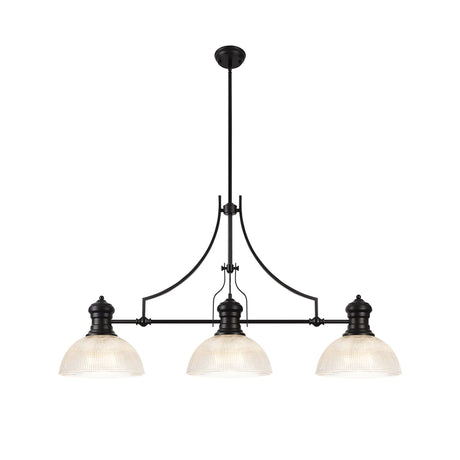 Munro 3 Light Linear Multi Height Pendant E27 With 30cm Prismatic Glass Shade, Matt Black, Clear