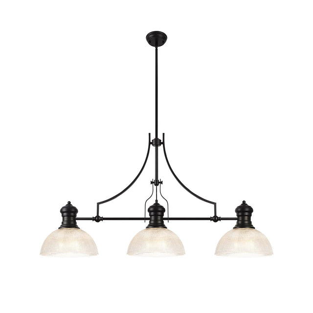 Munro 3 Light Linear Multi Height Pendant E27 With 30cm Prismatic Glass Shade, Matt Black, Clear