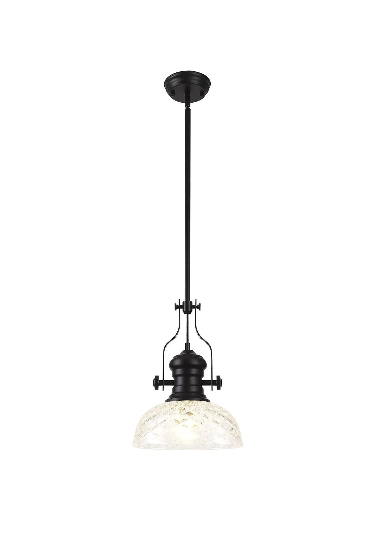 Munro Multi Height Pendant With 30cm Flat Round Patterned Shade, 1 x E27, Matt Black/Clear Glass