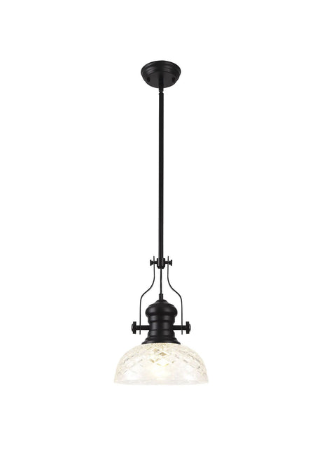 Munro Multi Height Pendant With 30cm Flat Round Patterned Shade, 1 x E27, Matt Black/Clear Glass