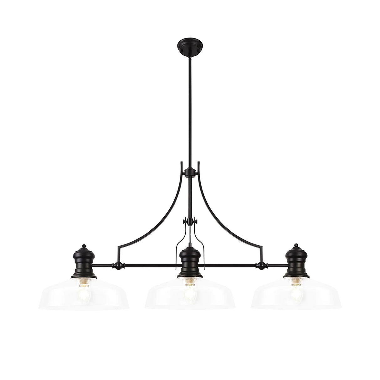 Munro Linear Multi Height Pendant With 38cm Flat Round Shade, 3 x E27, Matt Black/Clear Glass