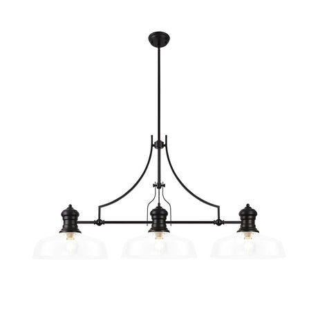 Munro Linear Multi Height Pendant With 38cm Flat Round Shade, 3 x E27, Matt Black/Clear Glass