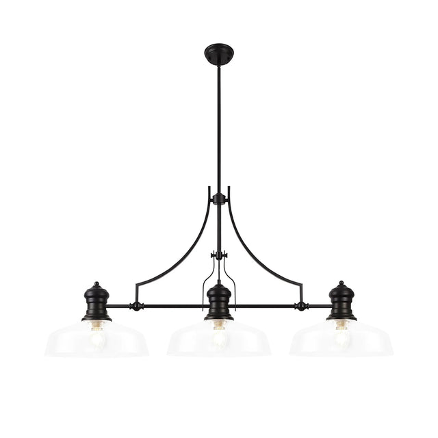 Munro Linear Multi Height Pendant With 38cm Flat Round Shade, 3 x E27, Matt Black/Clear Glass