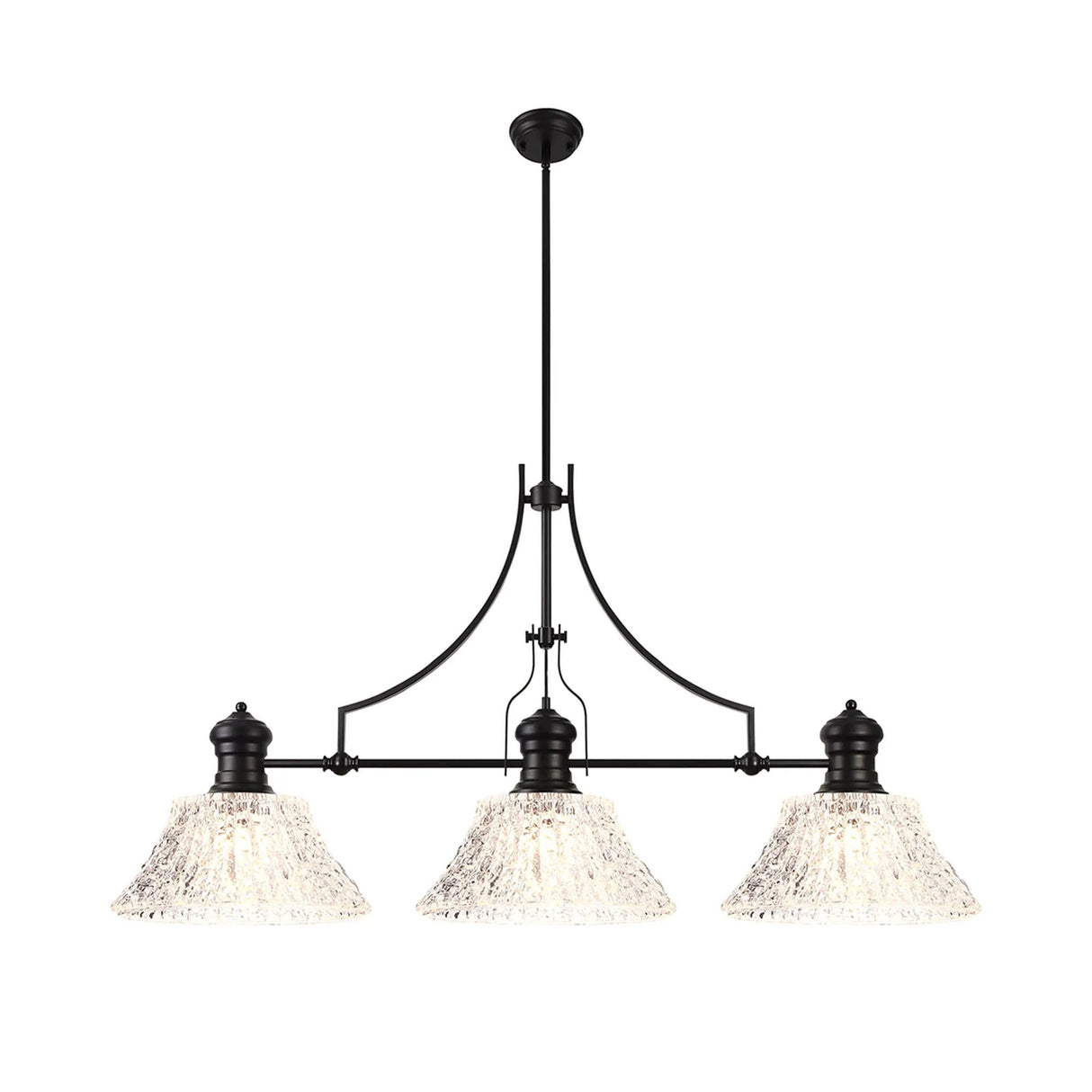 Munro Linear Multi Height Pendant With 38cm Patterned Round Shade, 3 x E27, Matt Black/Clear Glass (19.1kg)
