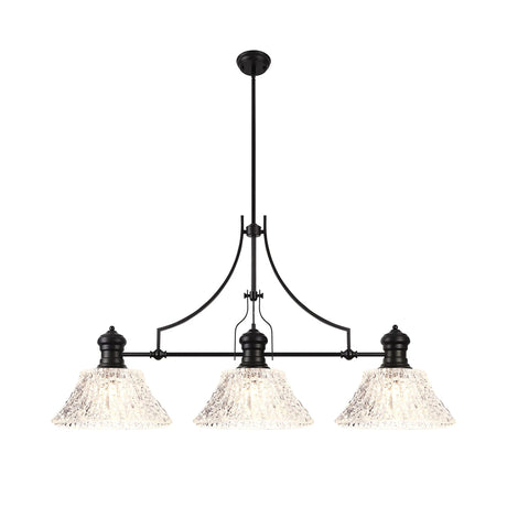 Munro Linear Multi Height Pendant With 38cm Patterned Round Shade, 3 x E27, Matt Black/Clear Glass (19.1kg)