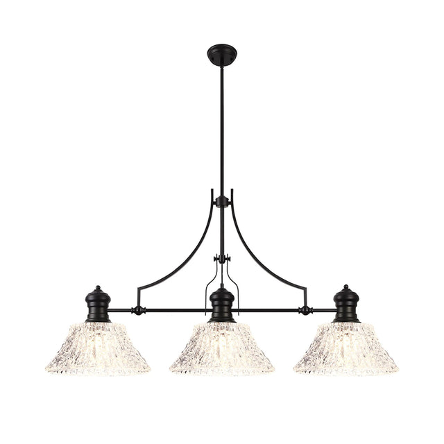 Munro Linear Multi Height Pendant With 38cm Patterned Round Shade, 3 x E27, Matt Black/Clear Glass (19.1kg)