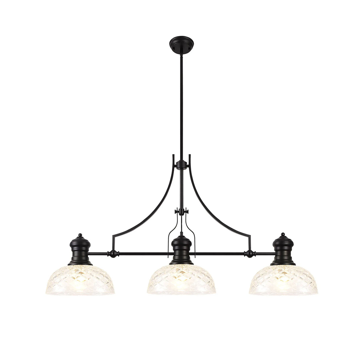 Munro Linear Multi Height Pendant With 30cm Flat Round Patterned Shade, 3 x E27, Matt Black/Clear Glass