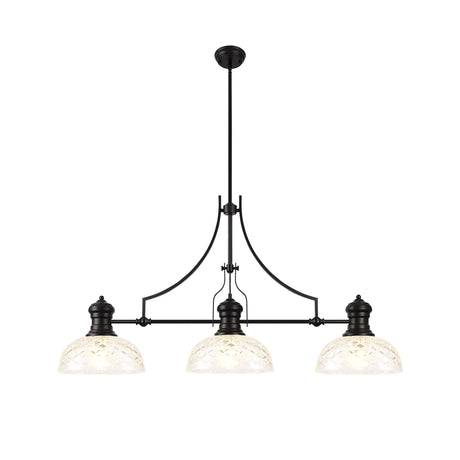 Munro Linear Multi Height Pendant With 30cm Flat Round Patterned Shade, 3 x E27, Matt Black/Clear Glass