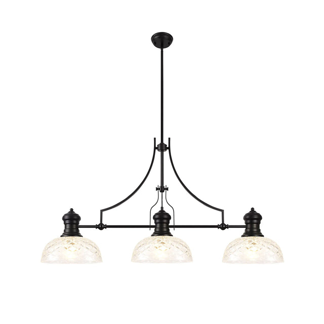 Munro Linear Multi Height Pendant With 30cm Flat Round Patterned Shade, 3 x E27, Matt Black/Clear Glass