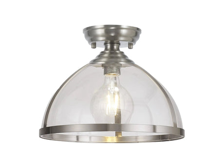 Munro 30cm Flush Ceiling Fitting, 1 x E27, Satin Nickel/Clear