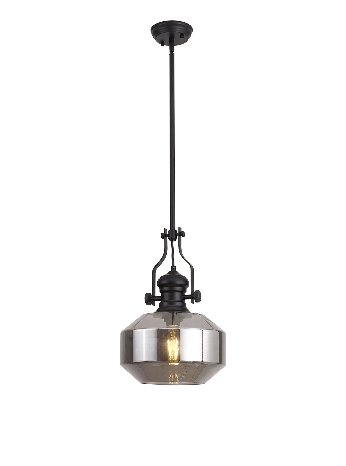 Munro Single Multi Height Pendant, 1 x E27, Round Champfered Glass, Matt Black/Smoke