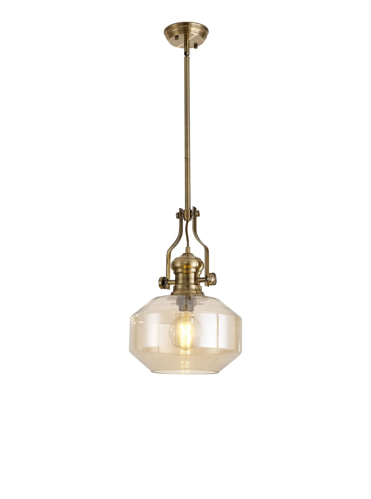 Munro Single Multi Height Pendant, 1 x E27, Round Champfered Glass, Antique Brass/Cognac
