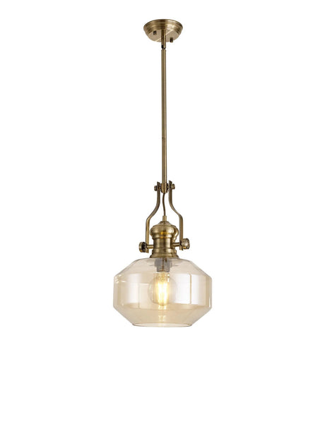 Munro Single Multi Height Pendant, 1 x E27, Round Champfered Glass, Antique Brass/Cognac