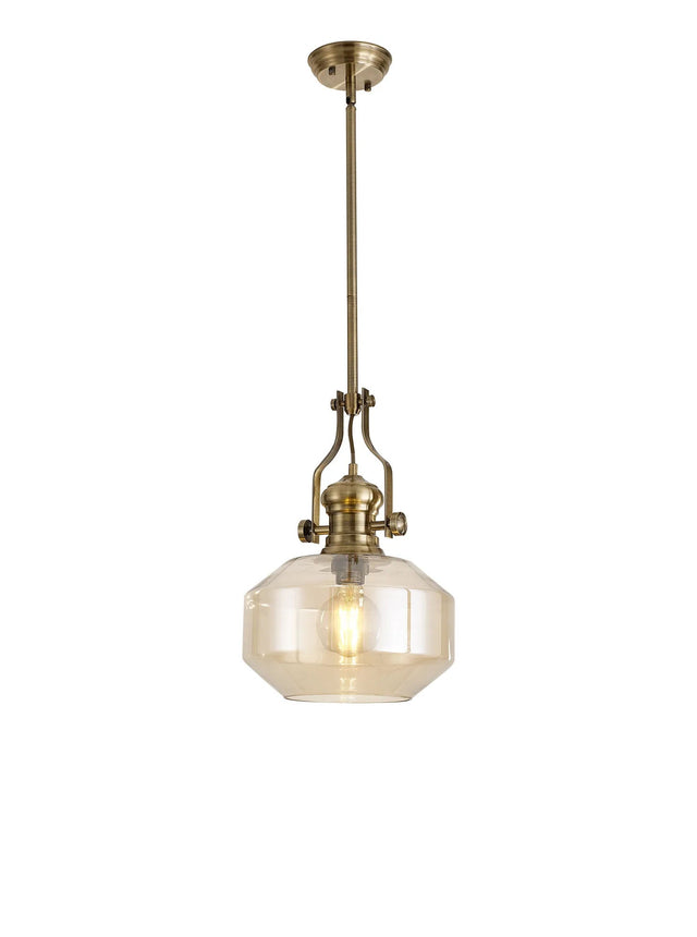 Munro Single Multi Height Pendant, 1 x E27, Round Champfered Glass, Antique Brass/Cognac