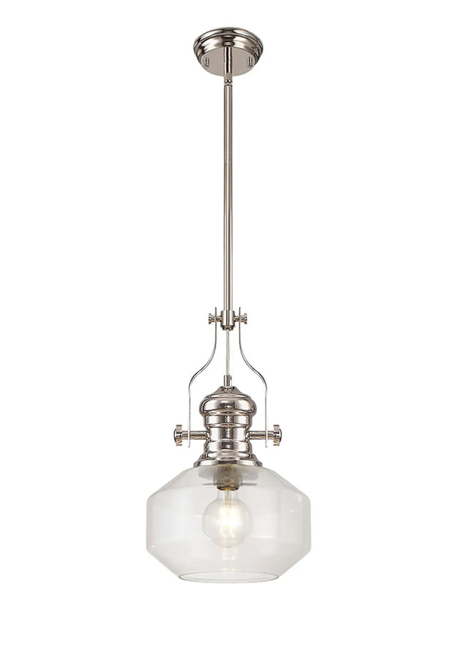 Munro Single Multi Height Pendant, 1 x E27, Round Champfered Glass, Polished Nickel/Clear
