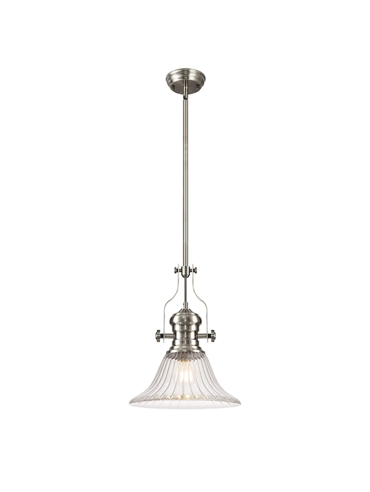 Munro Single Multi Height Pendant, 1 x E27, 30cm Bell Glass, Satin Nickel/Clear
