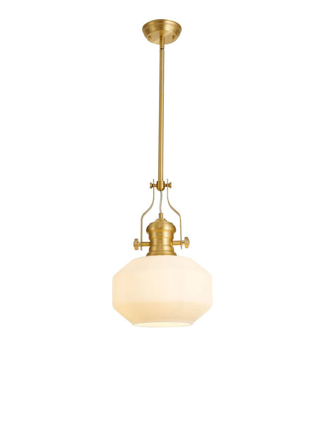 Munro Single Multi Height Pendant, 1 x E27, Round Champfered Glass, Satin Gold/Opal