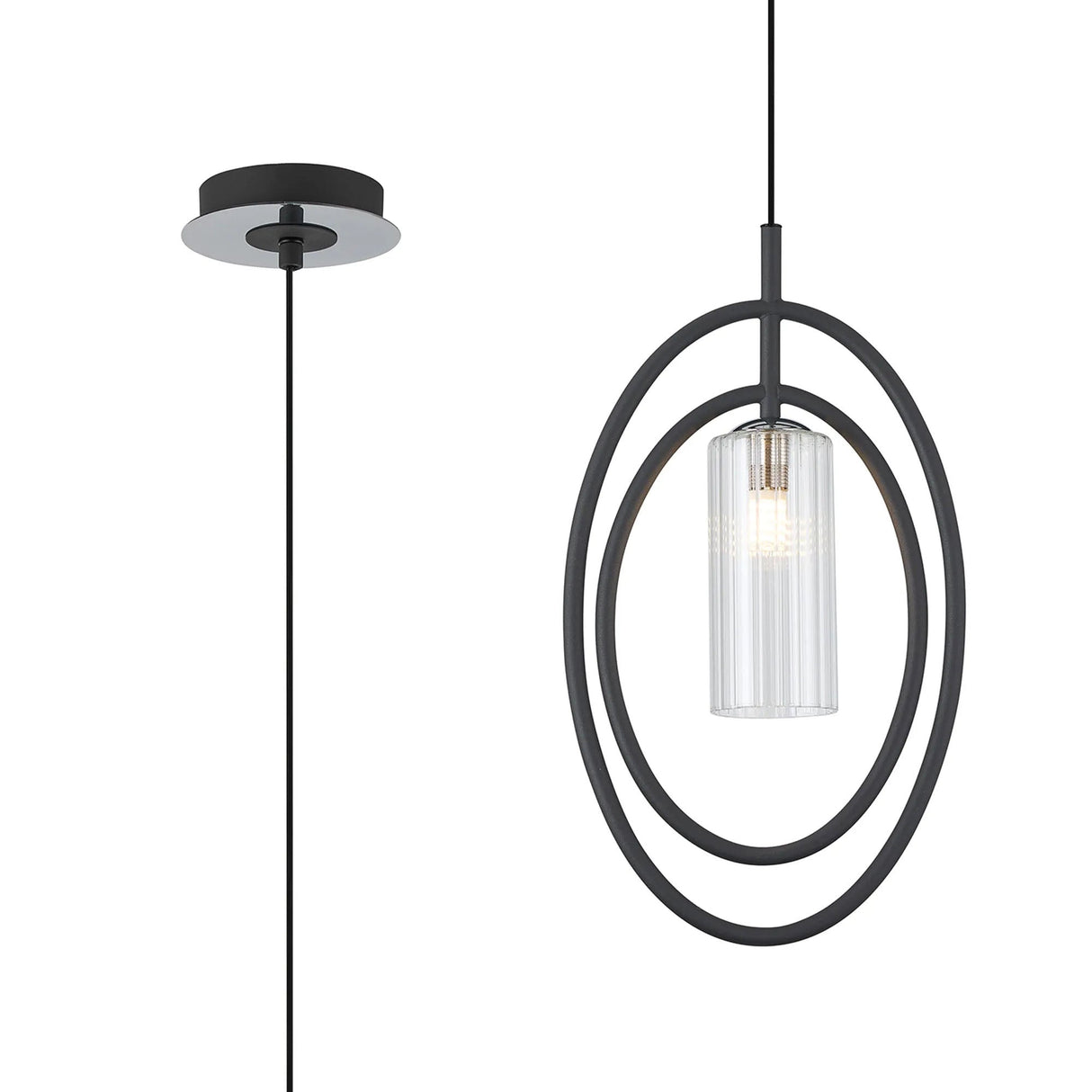 Newton Oval Pendant/Semi Ceiling Convertible, 1 Light G9, Grey/Polished Chrome/Clear Slim Tube Ribbed Glass