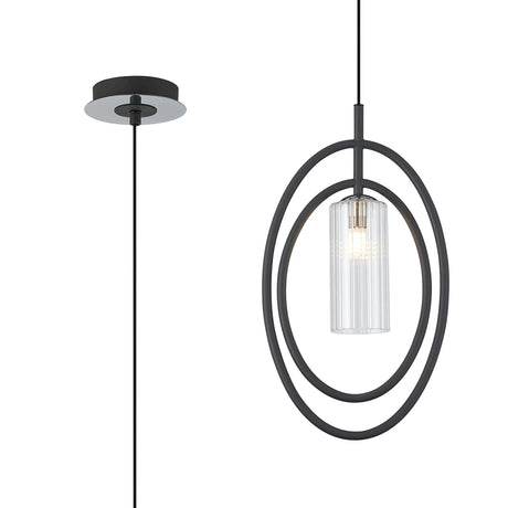 Newton Oval Pendant/Semi Ceiling Convertible, 1 Light G9, Grey/Polished Chrome/Clear Slim Tube Ribbed Glass