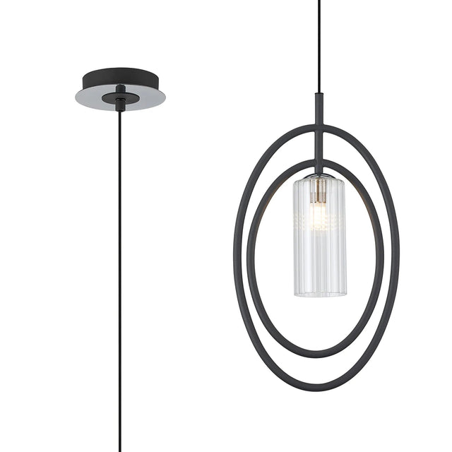 Newton Oval Pendant/Semi Ceiling Convertible, 1 Light G9, Grey/Polished Chrome/Clear Slim Tube Ribbed Glass