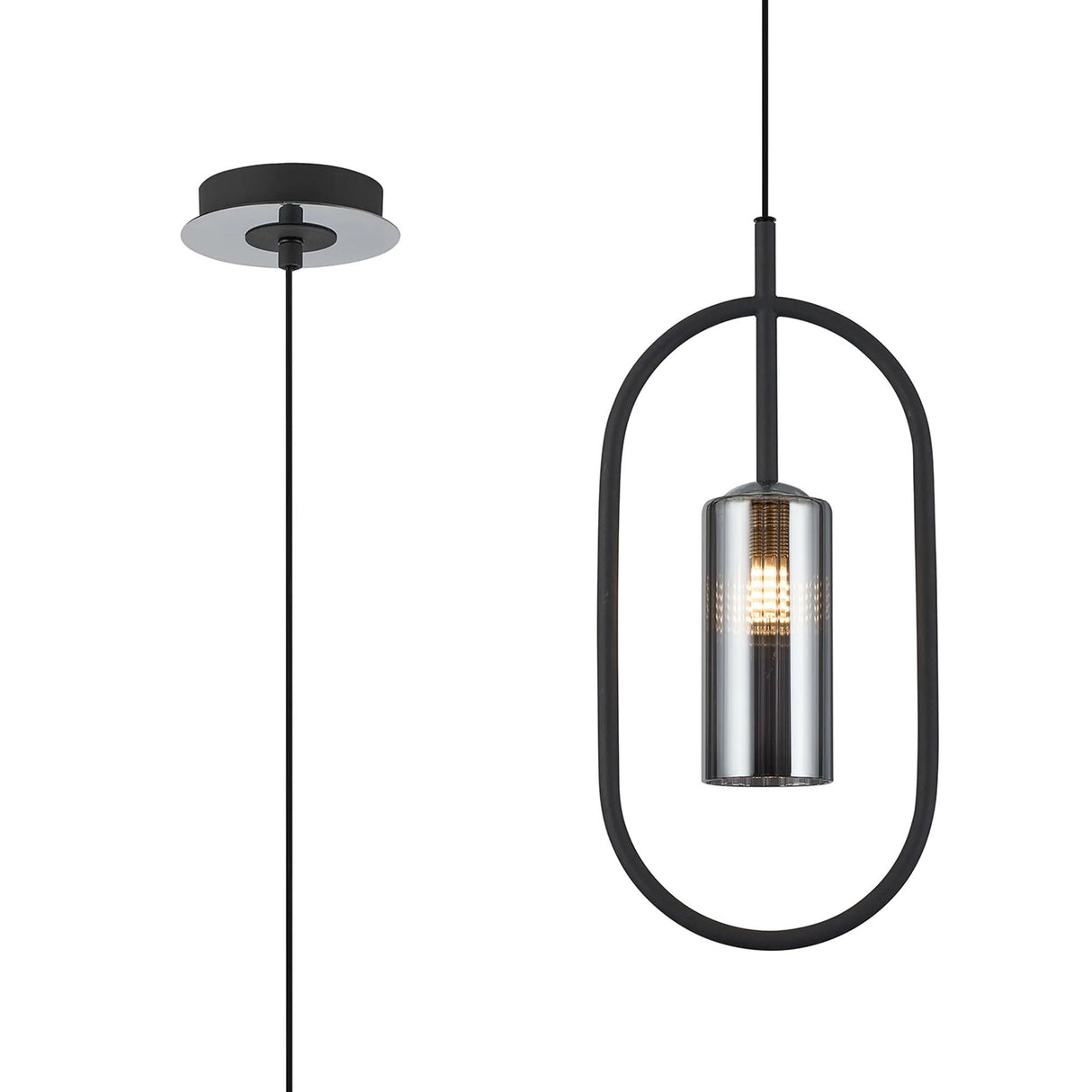 Newton Oblong Pendant/Semi Ceiling Convertible, 1 Light G9, Grey/Polished Chrome/Smoke Slim Tube Ribbed Glass