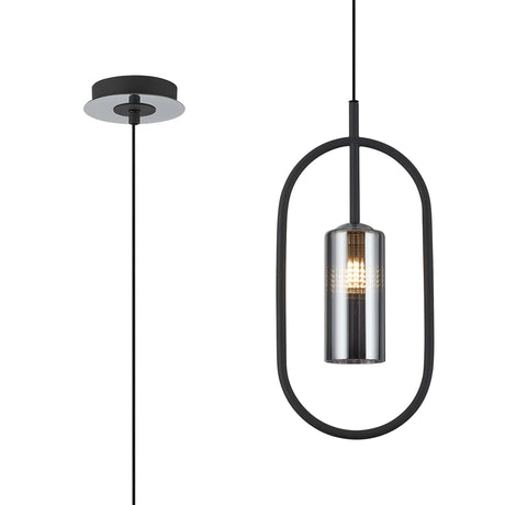 Newton Oblong Pendant/Semi Ceiling Convertible, 1 Light G9, Grey/Polished Chrome/Smoke Slim Tube Ribbed Glass