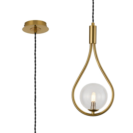Newton Teardrop Pendant/Semi Ceiling Convertible, 1 Light G9, Brass Gold/Clear Round Glass